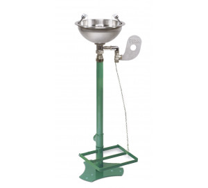 Floor mounted eye washer with foot pedal, stainless steel bowl